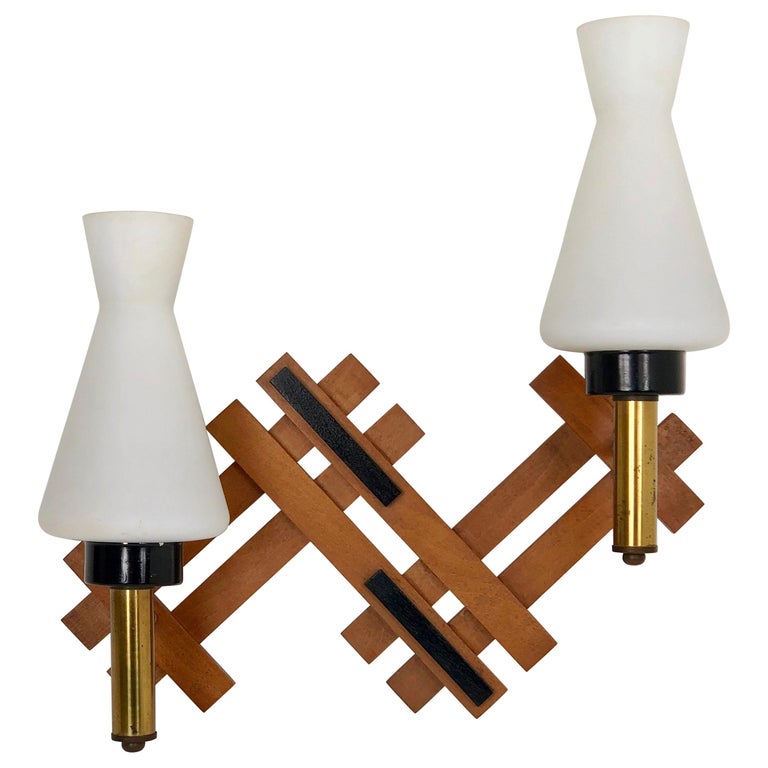 Teak, Brass and Opaline Glass Wall Sconces, 1960s Italy Vintage Two Lights For Sale