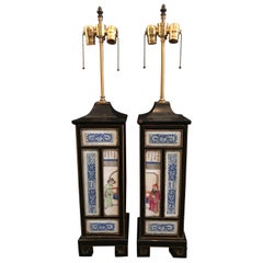 Pair of Midcentury Chinoiserie Table Lamps with Qing Porcelain Plaques