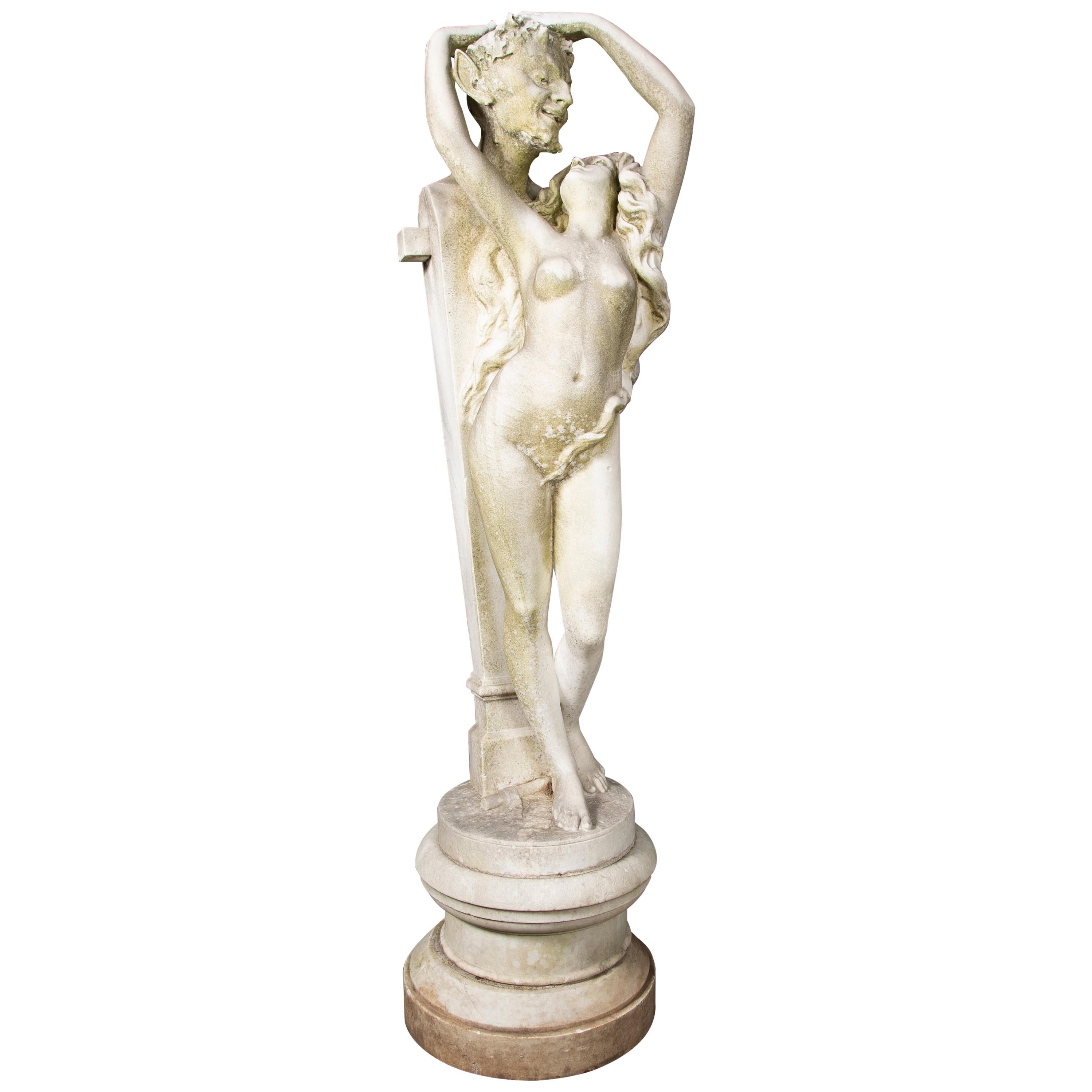 Carved Carrara Marble Statue of a Satyr & Maiden