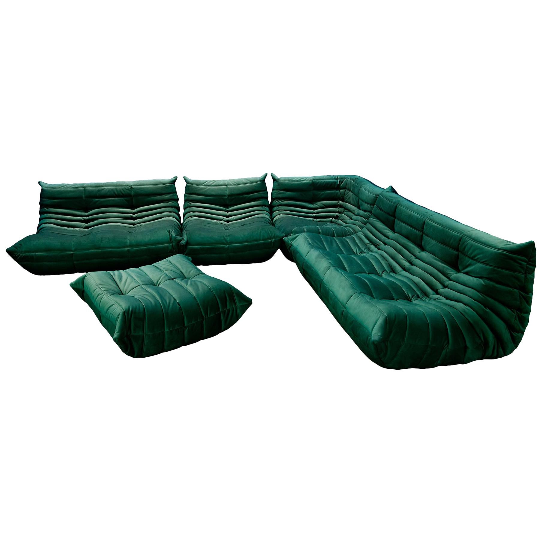 Green Velvet Togo Sofa Set by Michel Ducaroy for Ligne Roset, 1970s, Set of 5