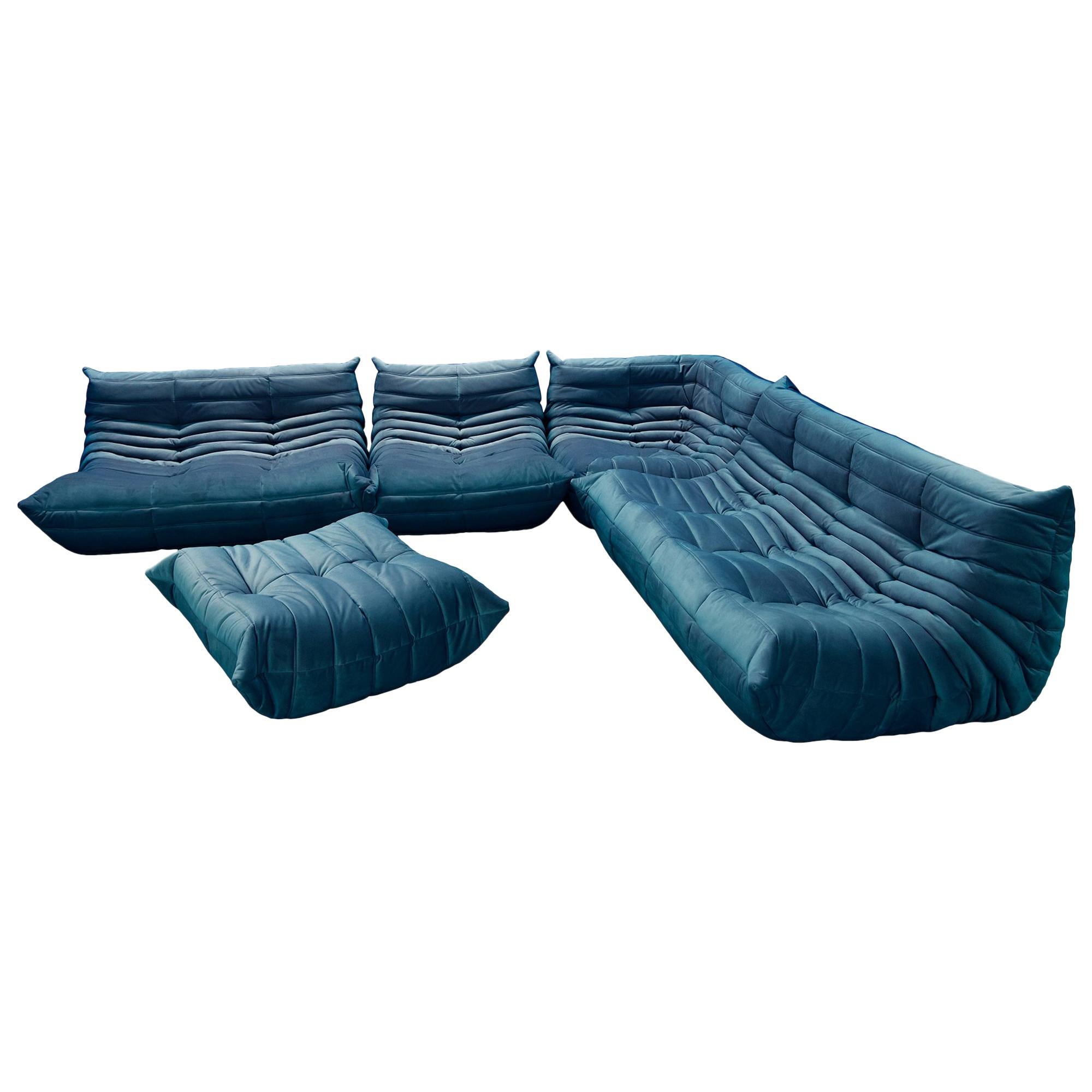 Turquois Velvet Togo Sofa Set by Michel Ducaroy for Ligne Roset, Set of 5 For Sale
