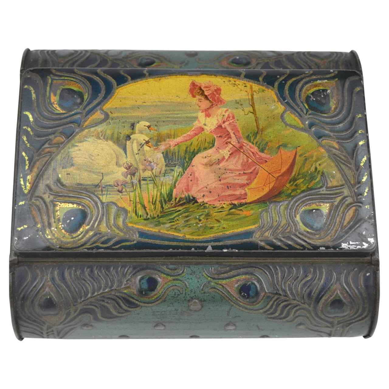 Biscuit Tin with Lady and Swans for Biscuits De Beukelaer , Belgium, Early 20th 