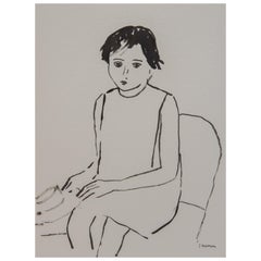 Child with Hat Unframed Drawing in Ink 100% Cotton Paper Black White Intimist