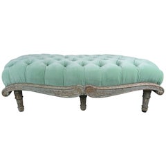 Antique French Painted Neoclassical Style Velvet Tufted Bench, circa 1900