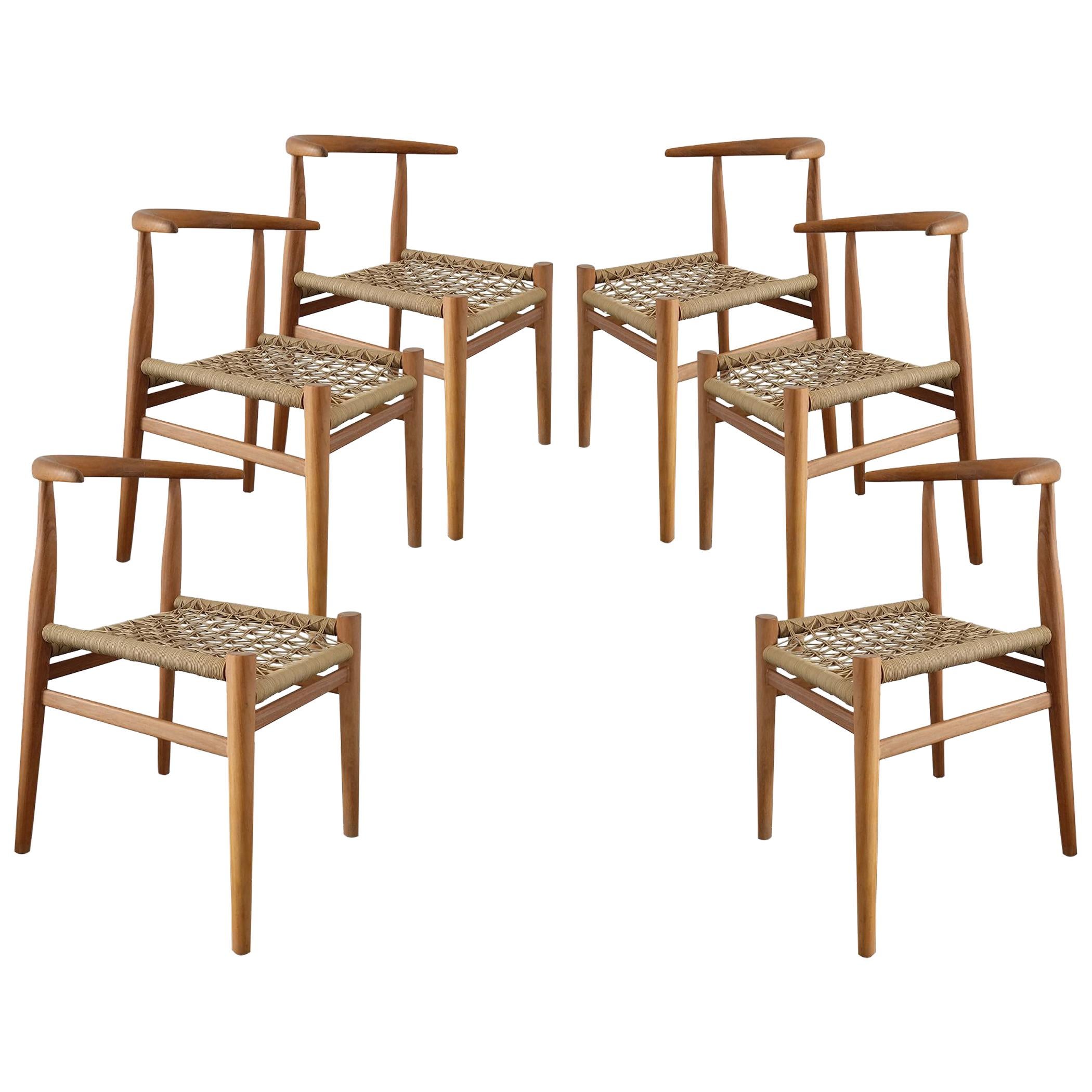 Set of 6 Nguni Dining Chairs in Iroko with Canvas Crosshatch Weave For Sale