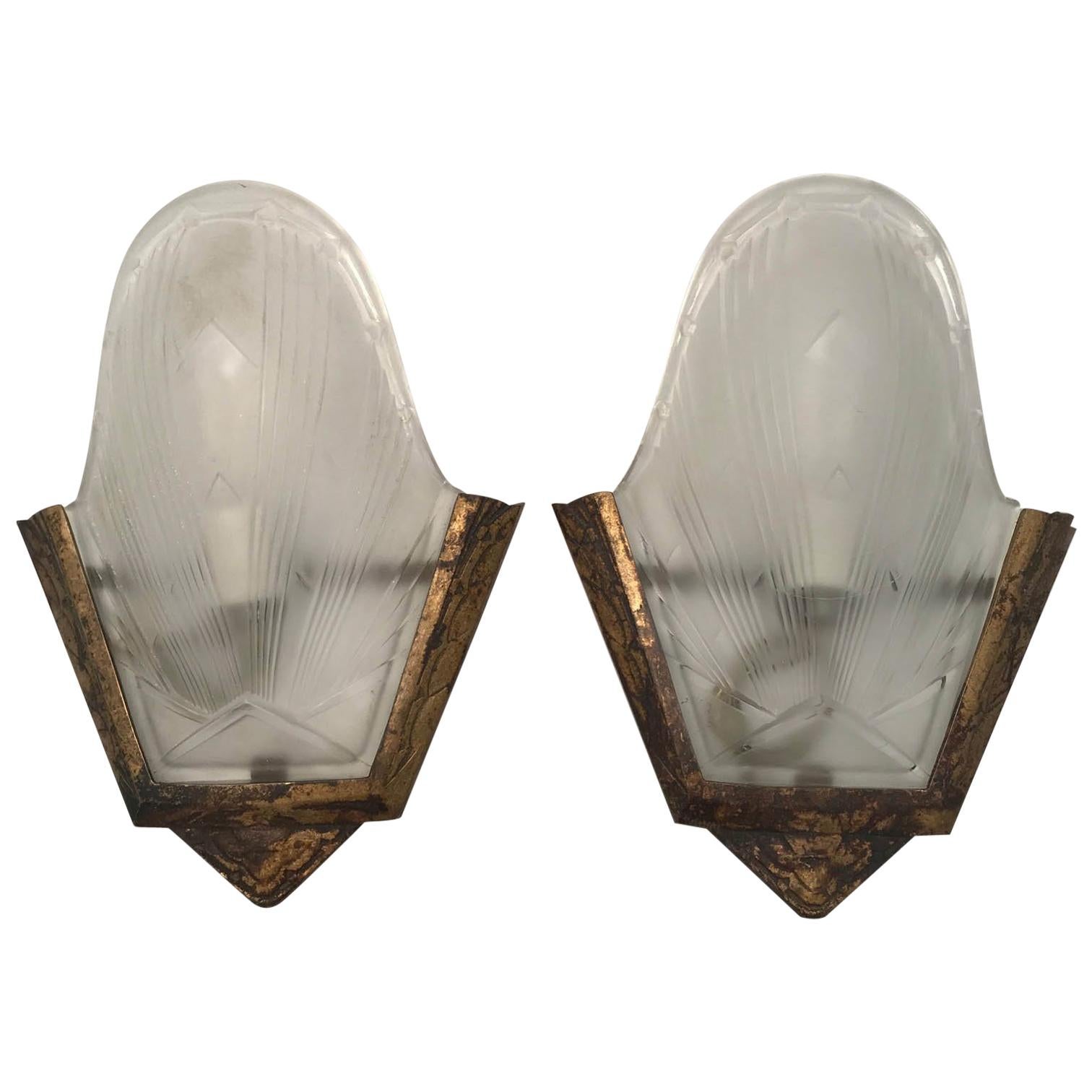 Pair of French Art Deco Bronze and Frosted Glass Wall Sconces