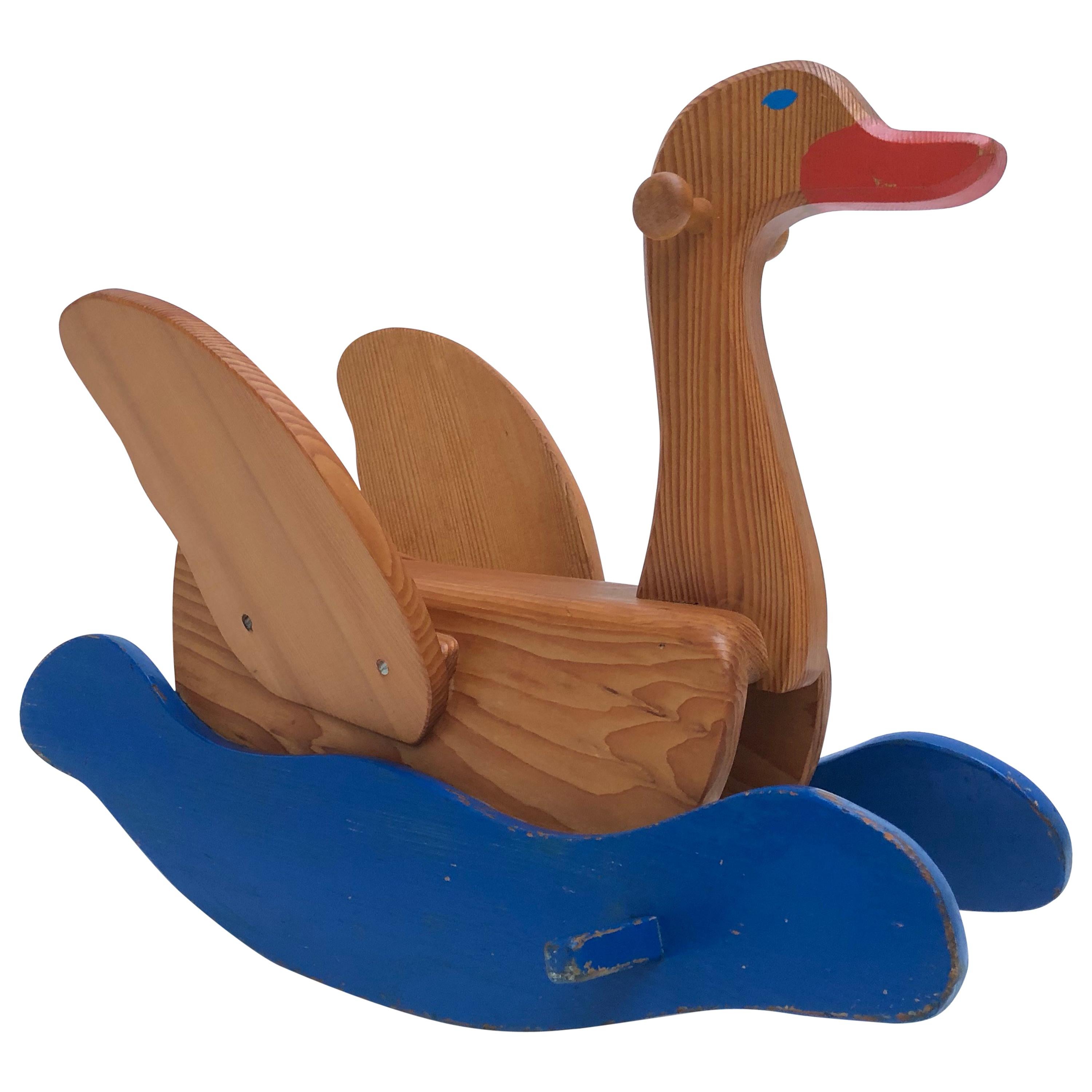 Swiss Mid-Century Modern Solid Pine Rocking Swan in the Style of Wisa Gloria