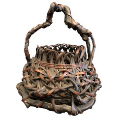 Japanese Ikebana Basket, Meiji Period, Unusual Squat Form Rare