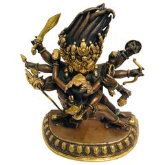 Used Bronze Buffalo-Headed Deity Yamantaka with Consort Vajravetali 2-Piece Statue