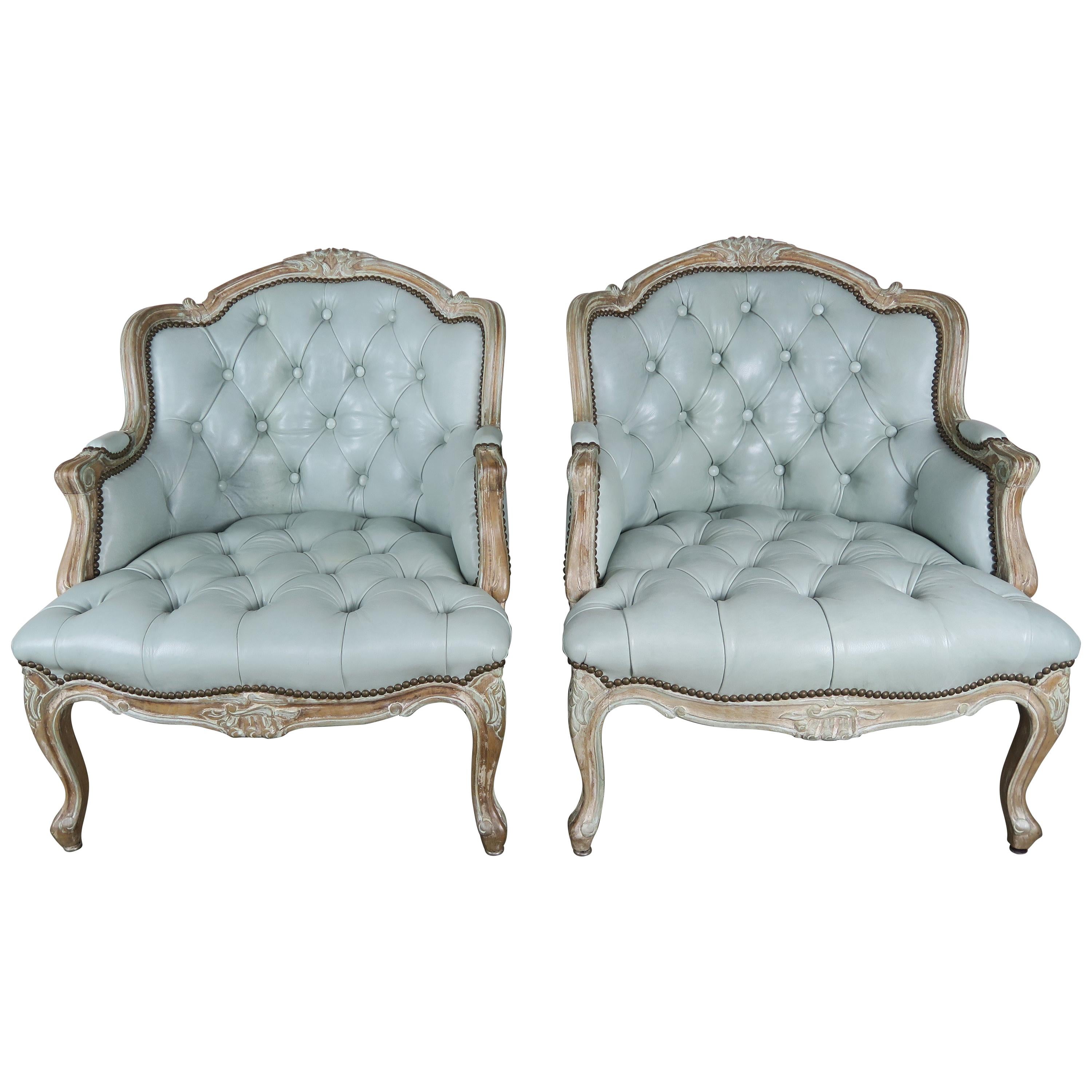 French Painted Louis XV Style Leather Tufted Bergeres, Pair