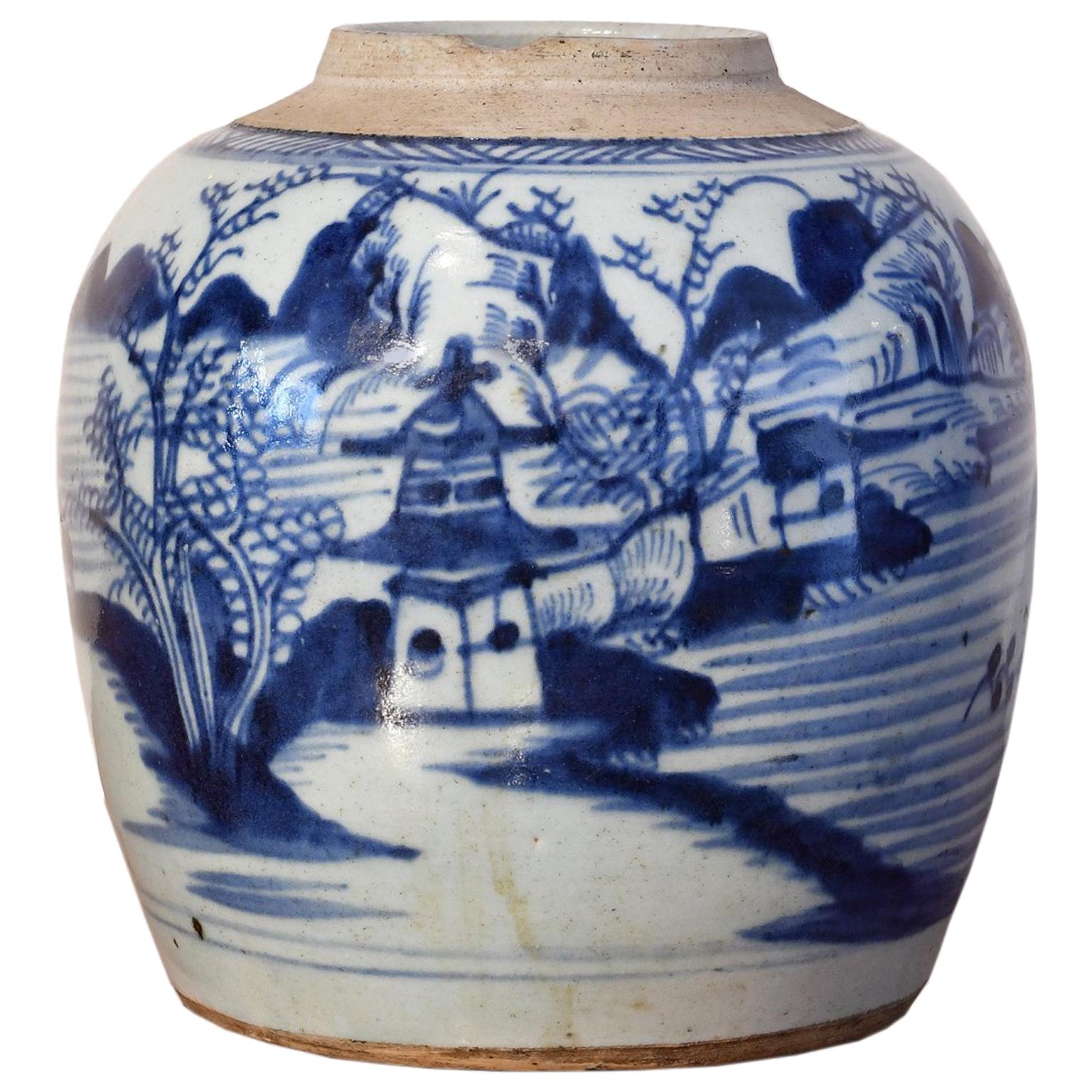 19th Century Chinese Porcelain Blue & White Jar w/ Hand-Painted Lighthouse Scene