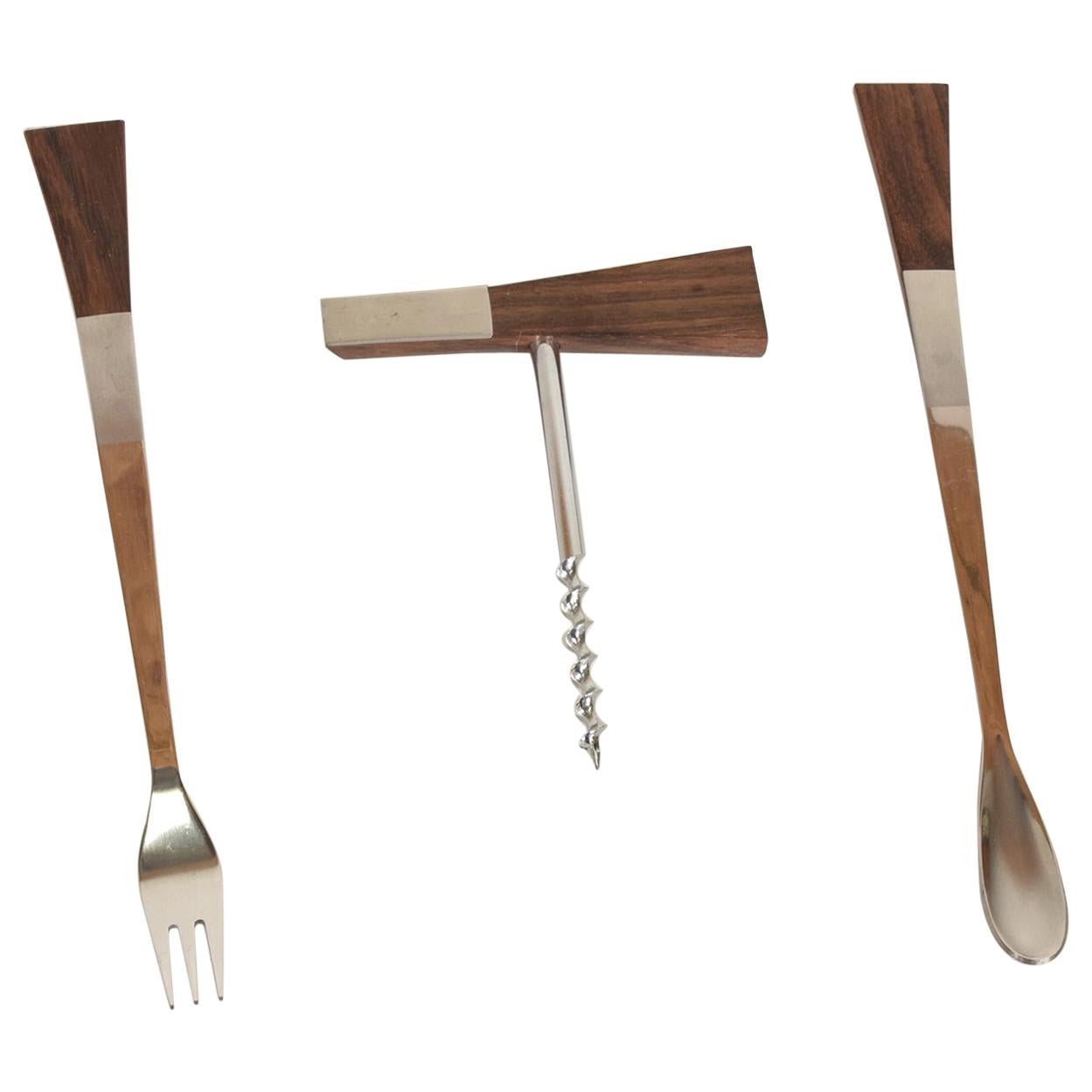 Mid-Century Modern Bar Set Accessories, Rosewood Stainless Japan