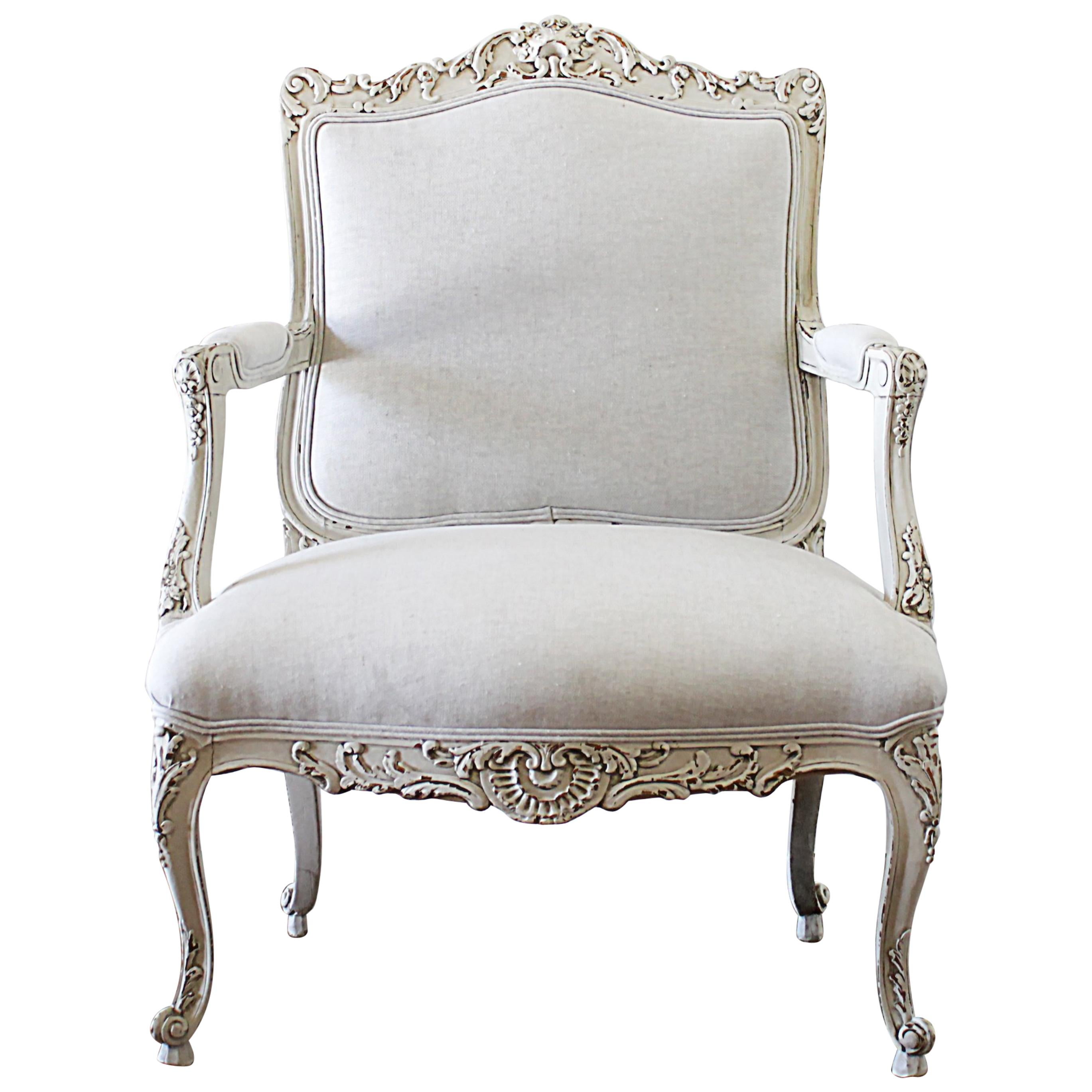LOUIS XV ARM CHAIR FRENCH STYLE CHAIR VINTAGE WHITE LEATHER LOOK SILVER WOOD 