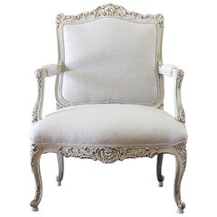 Antique Louis XV Style French Painted and Upholstered Open Arm Chair