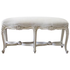 Antique Louis XV Style Bench with Natural Linen Upholstery