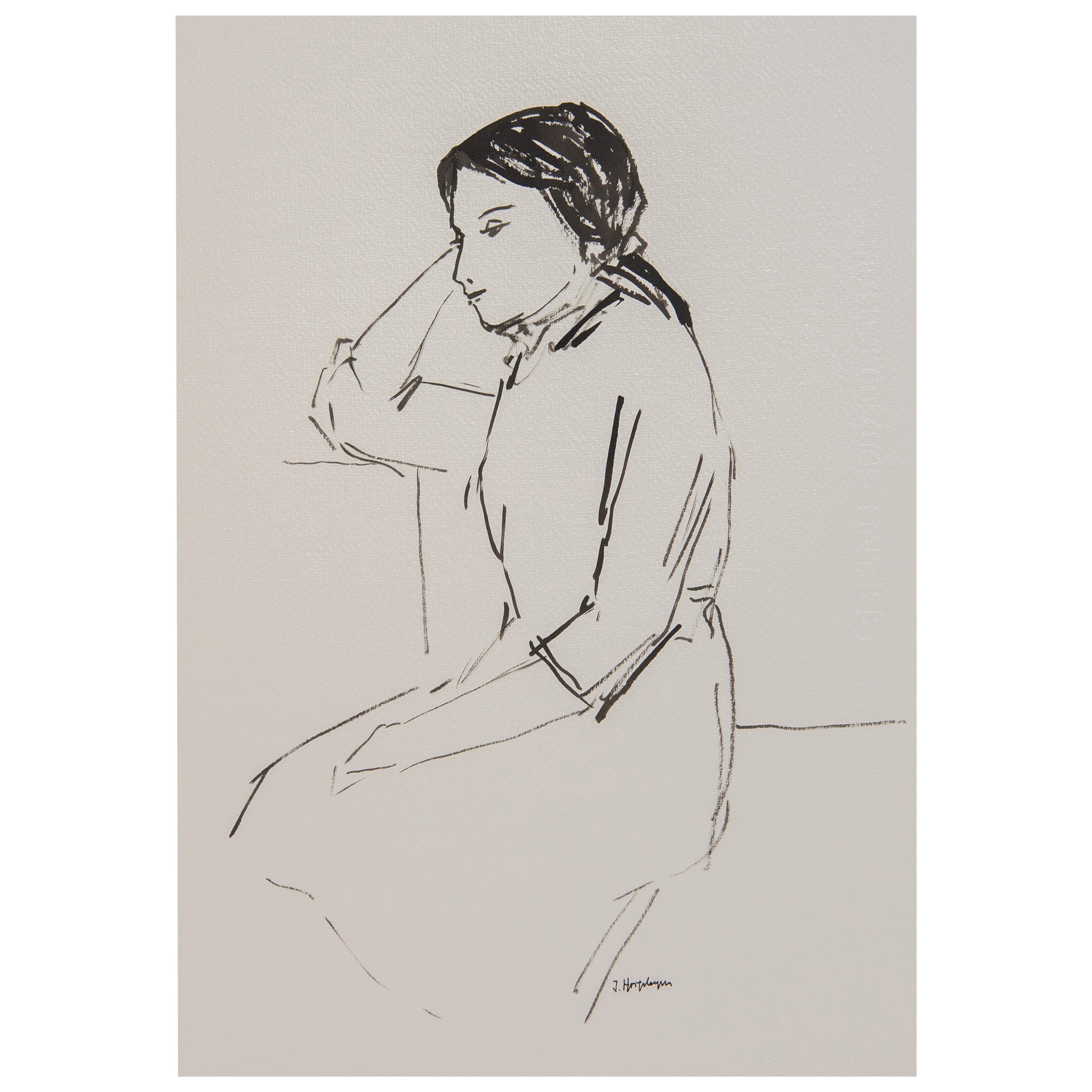 Resting Woman Portrait Unframed Drawing Ink 100% Cotton Paper Black White 