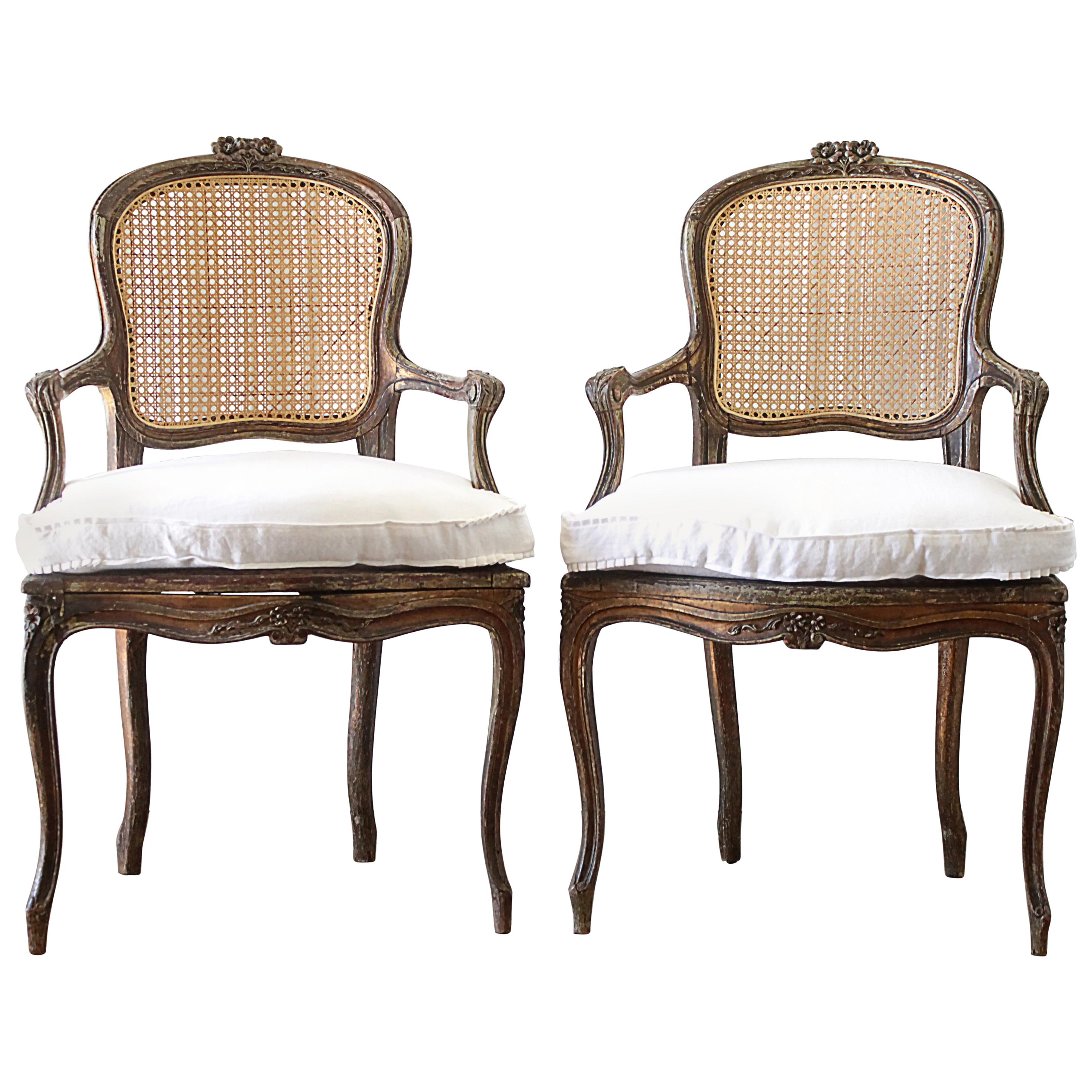 Pair of Antique French Cane Back Open Armchairs with Custom Linen Cushions