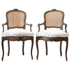 Pair of Antique French Cane Back Open Armchairs with Custom Linen Cushions