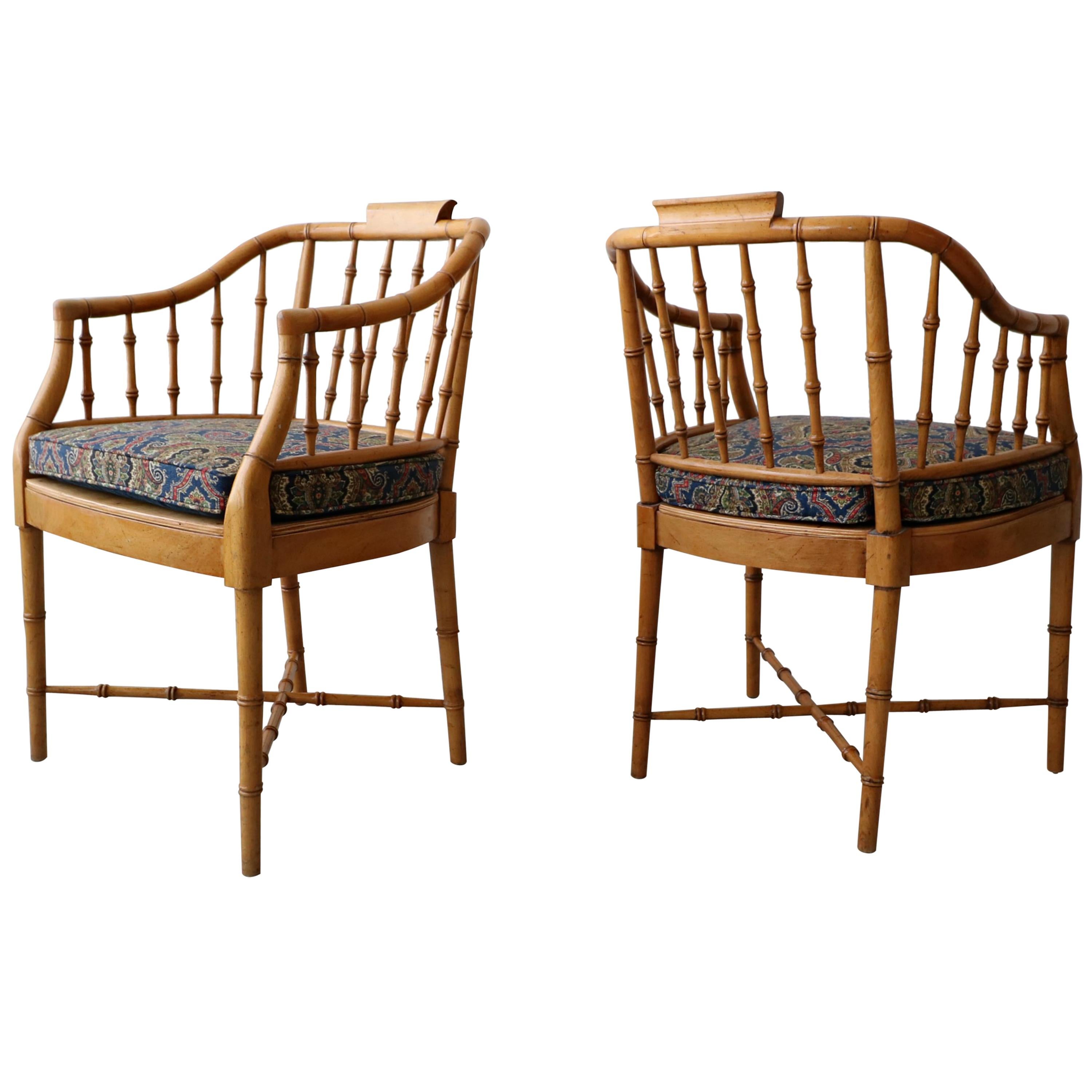 Pair of Vintage Bamboo Regency Chippendale Chinoiserie Style Side Accent Chairs