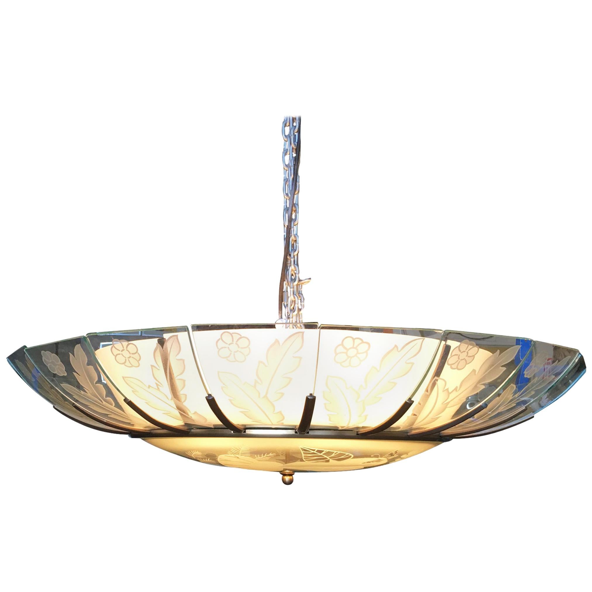 Modernist Tropical Etched Slat Glass Bowl Bronze Chandelier For Sale