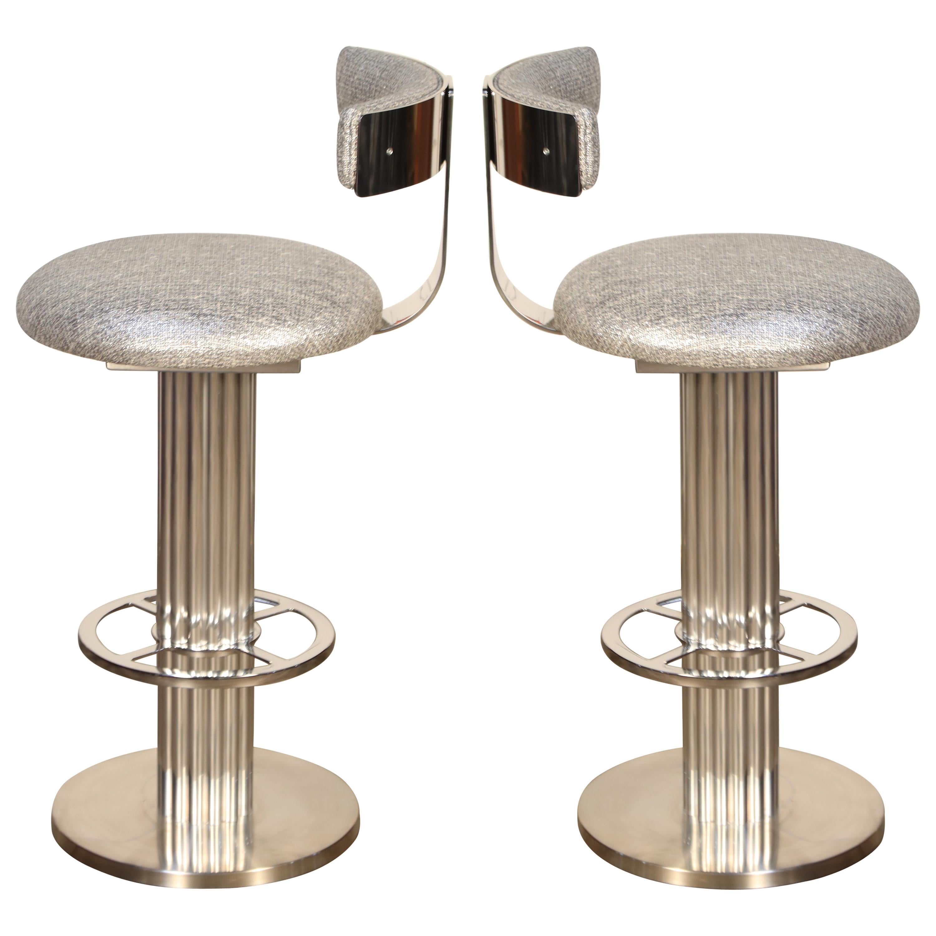 Pair of Memory Swivel Polished Aluminum Barstools by Designs for Leisure, 1980s