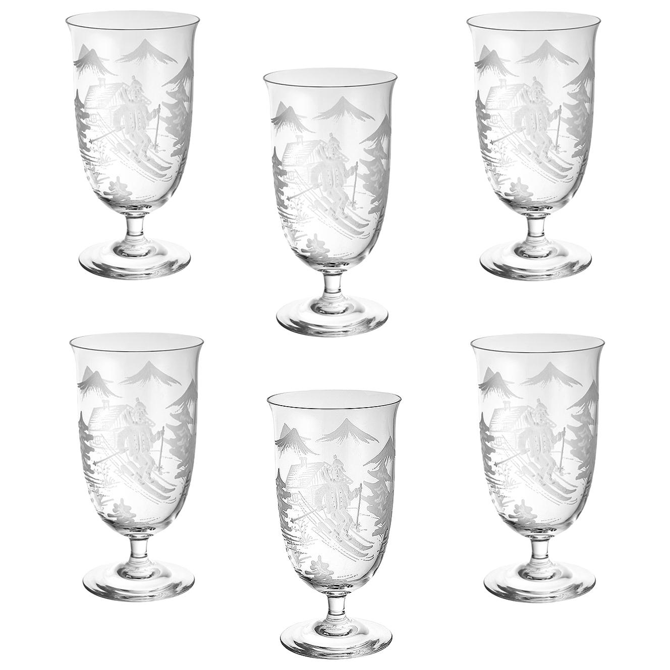 Set of Six Glasses Hand Blown Clear Skier Decor, Sofina Boutique Kitzbuehel