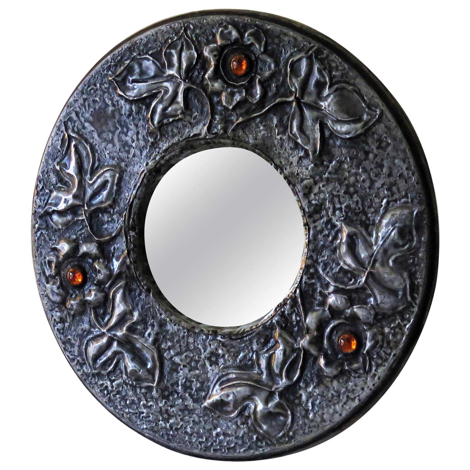 Pewter round Wall Mirror Arts and Crafts with Amber Cabochons, circa 1900