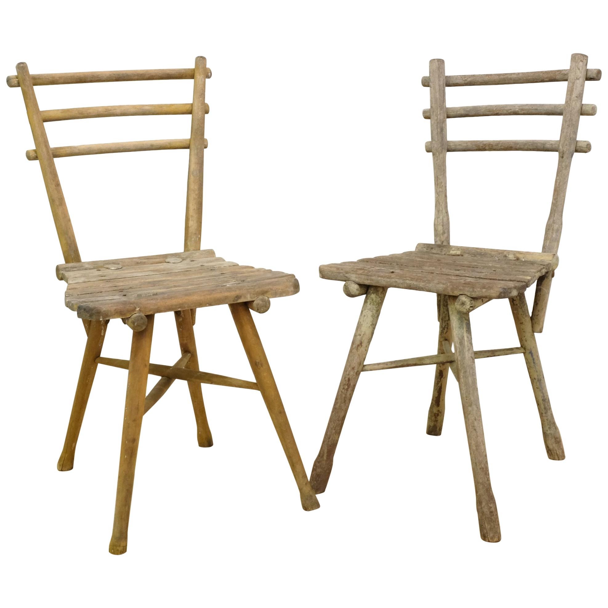 French Rustic Early 20th Century Handcrafted Chairs, Near Pair with Patina