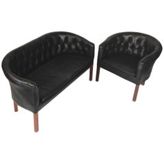 1930s Danish Lounge Chair and Sofa in Black Leather