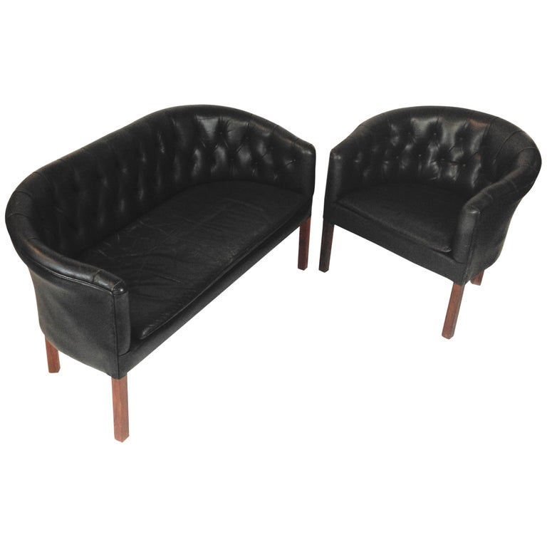1930s Danish Lounge Chair And Sofa In Black Leather For Sale At