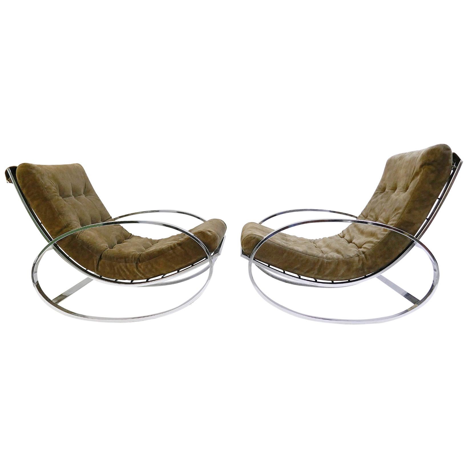 Renato Zevi for Selig Ellipse Chrome Ricking Chairs New Suede Upholstered