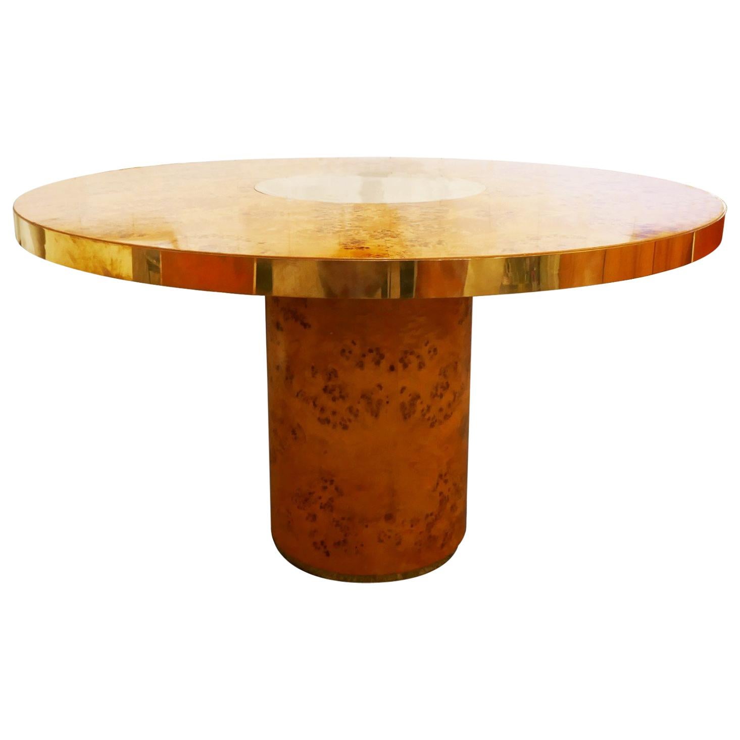 Round Dining Table in Brass and Wood by Willy Rizzo for Mario Sabot, 1970s