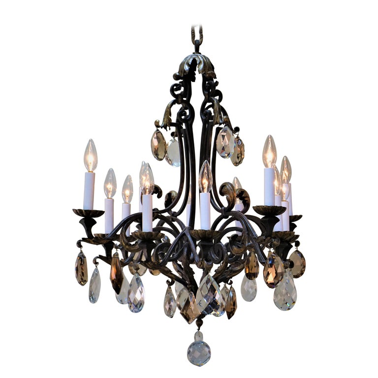 French Wrought Iron And Crystal, Black Iron And Crystal Chandeliers