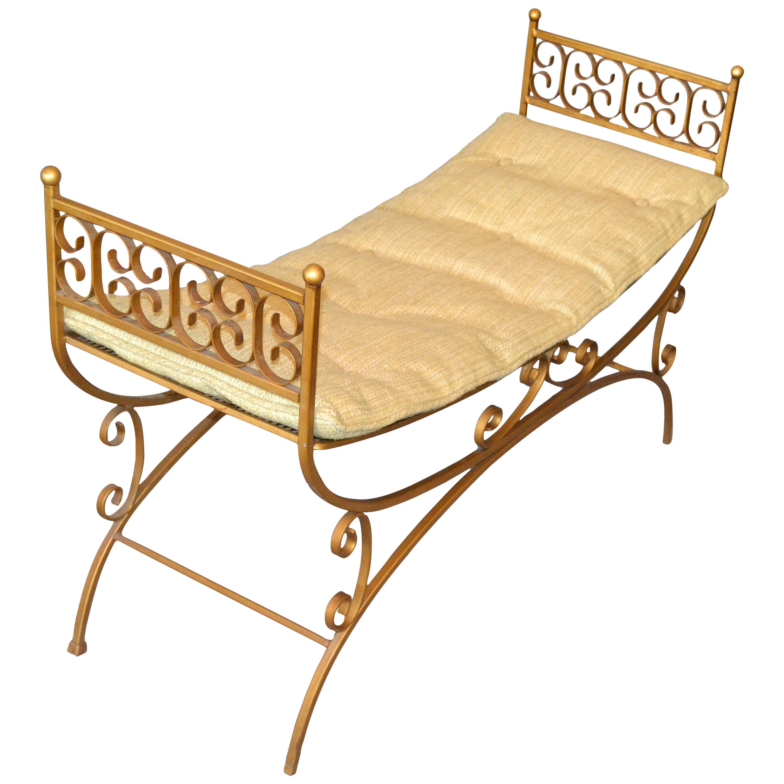 Neoclassical Golden Wrought Iron Bench with Cushions For Sale