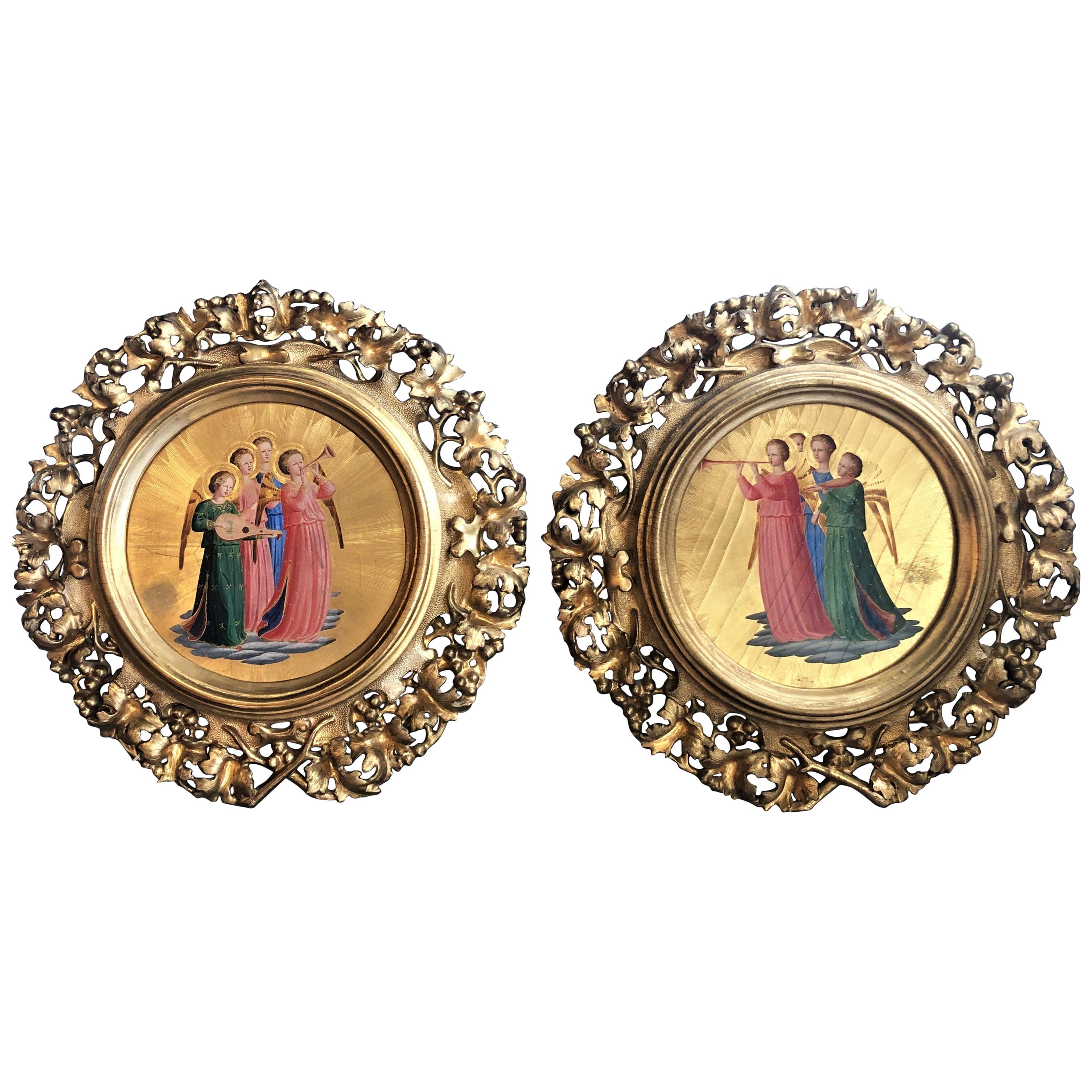 Pair of Antique Hand Carved Giltwood Venetian Icons Painting, "Host of Angels"
