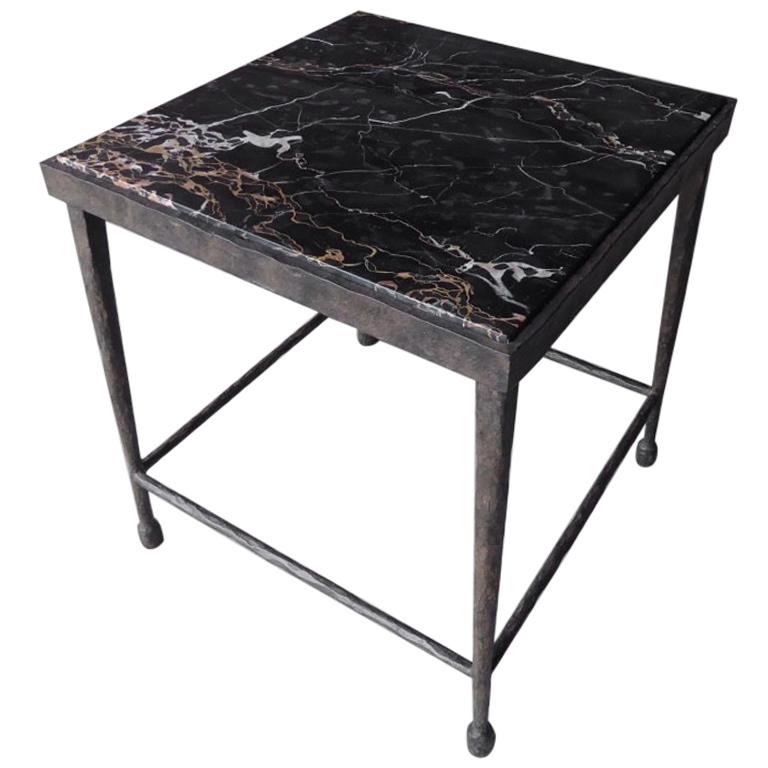 Hammered Iron Side Table with Inset Marble Top For Sale