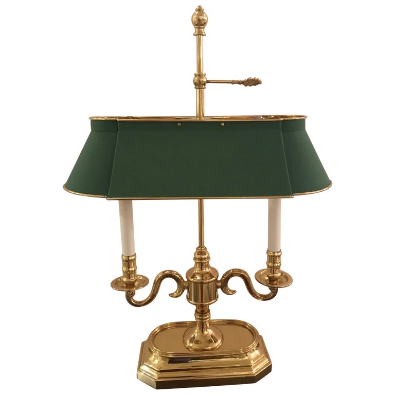 TwoArm Brass Table Lamp with Green Metal Shade at 1stDibs