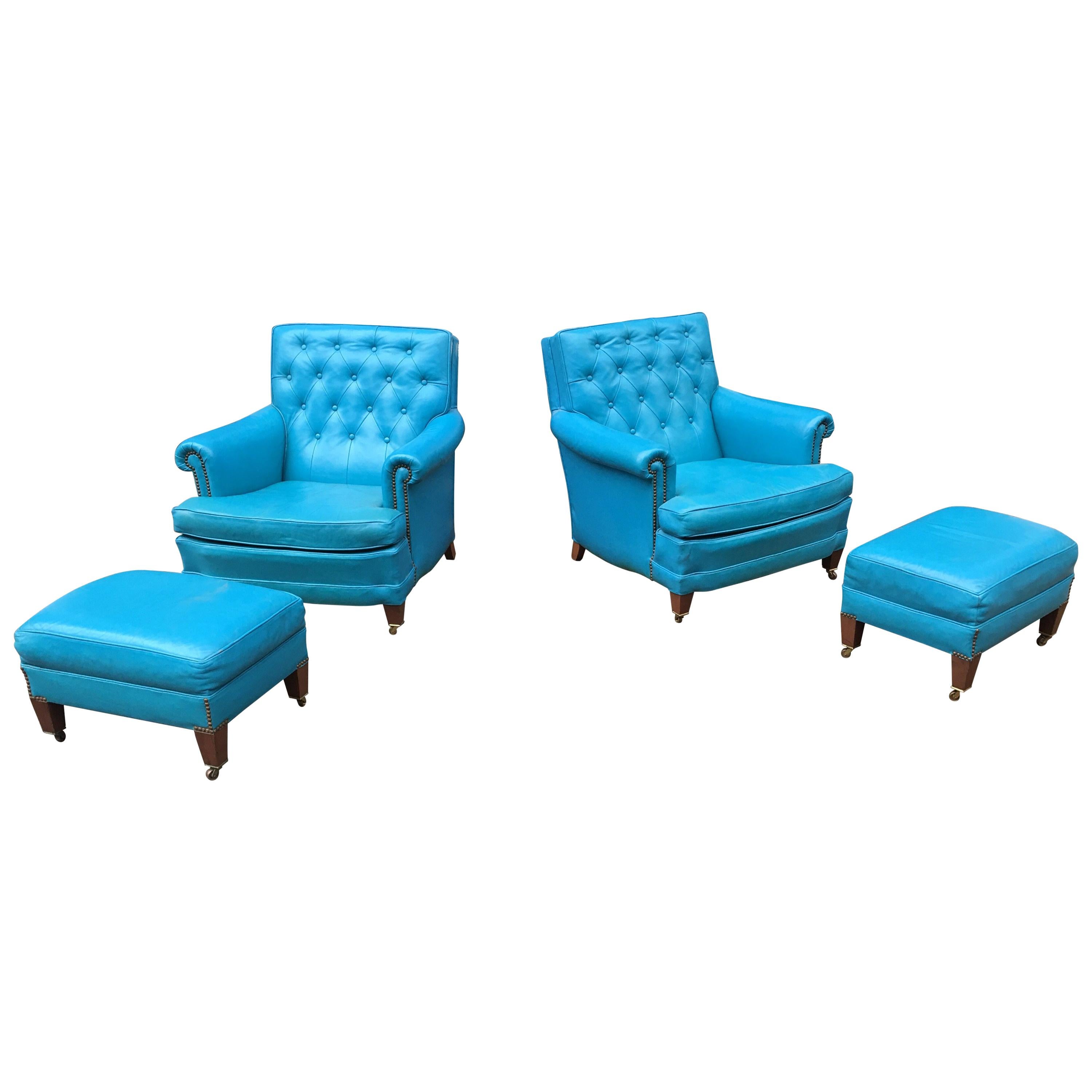 Pair of Aqua Blue Leather Chesterfield Club Chairs with Ottomans