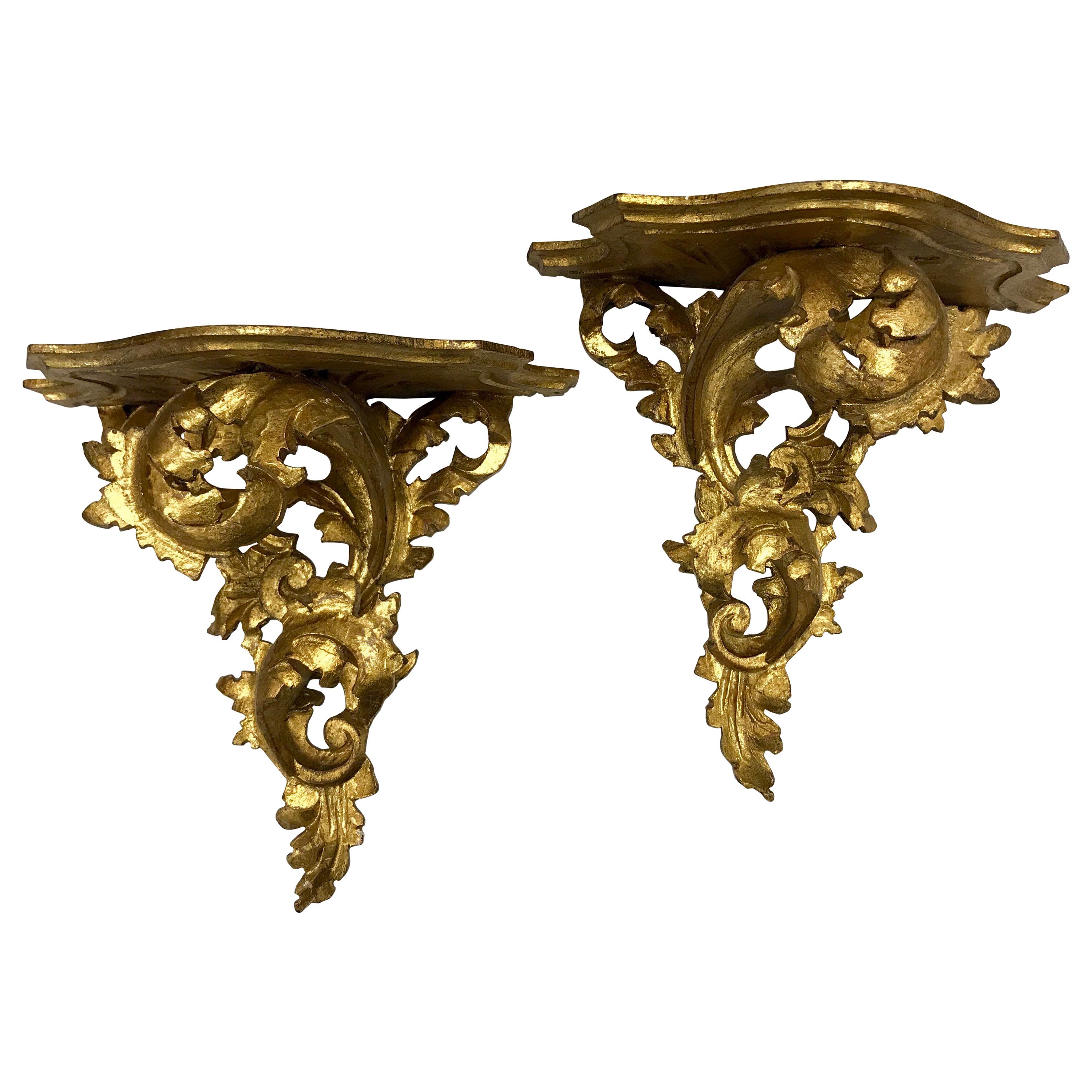 Pair of Florentine Italian Carved Giltwood Wall Brackets Shelves
