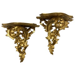 Pair of Florentine Italian Carved Giltwood Wall Brackets Shelves