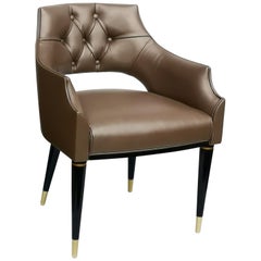 Dining Armchair, Tufted Fiore Italian Leather, Midcentury Style, Luxury Details