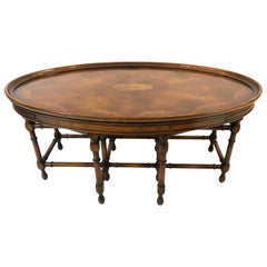 Very Rich Handsome English Oval Inlaid Burl Wood Coffee Table