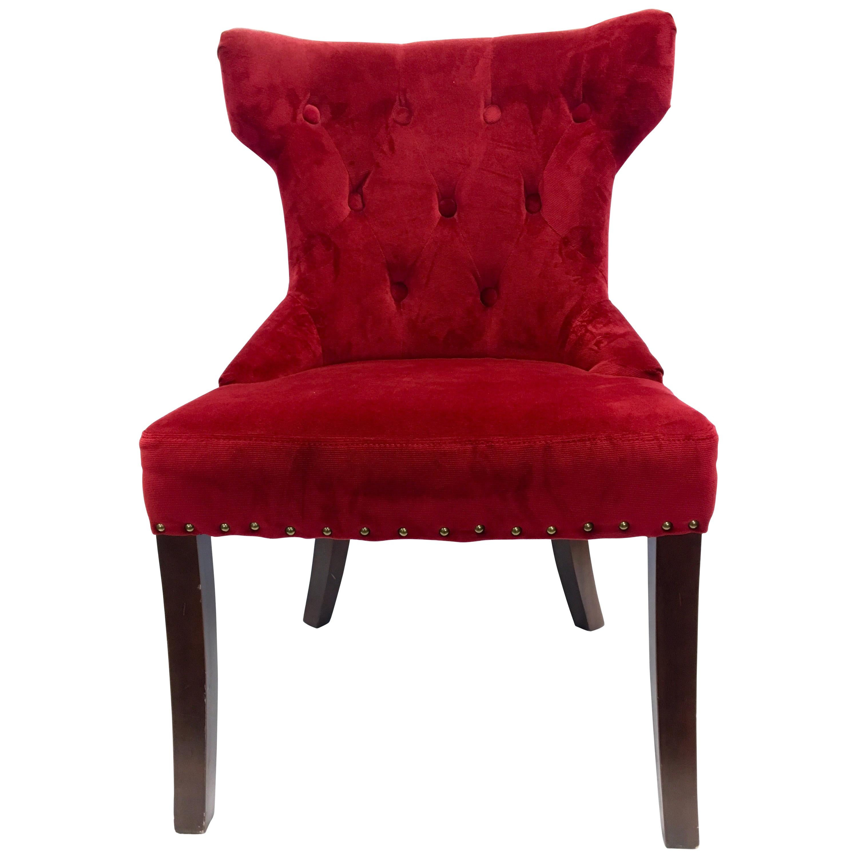 Pair of Custom Upholstered Nailhead Red Tufted Dining Chairs