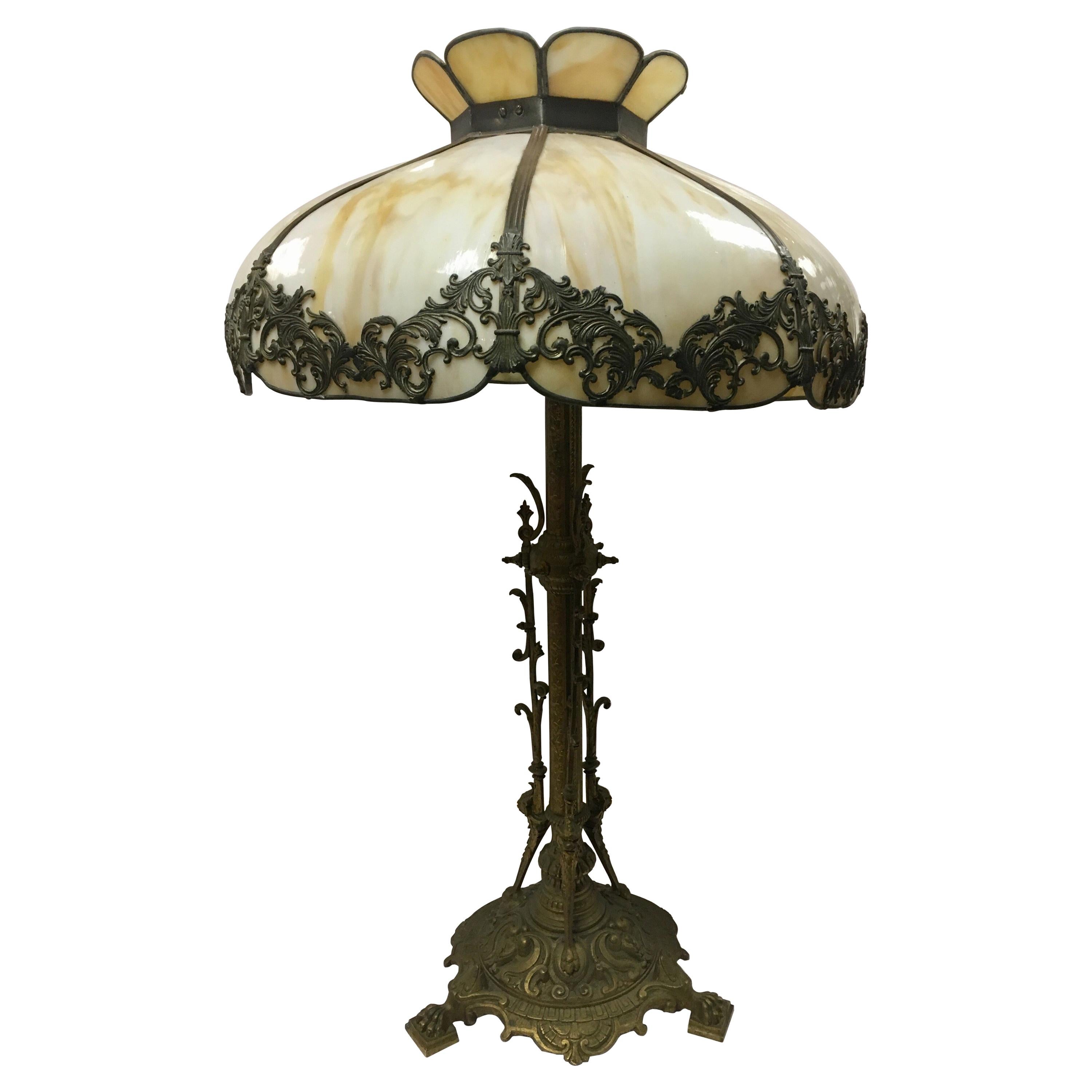 Arts & Crafts Sculpted Slag Glass Tiffany Style Table Lamp