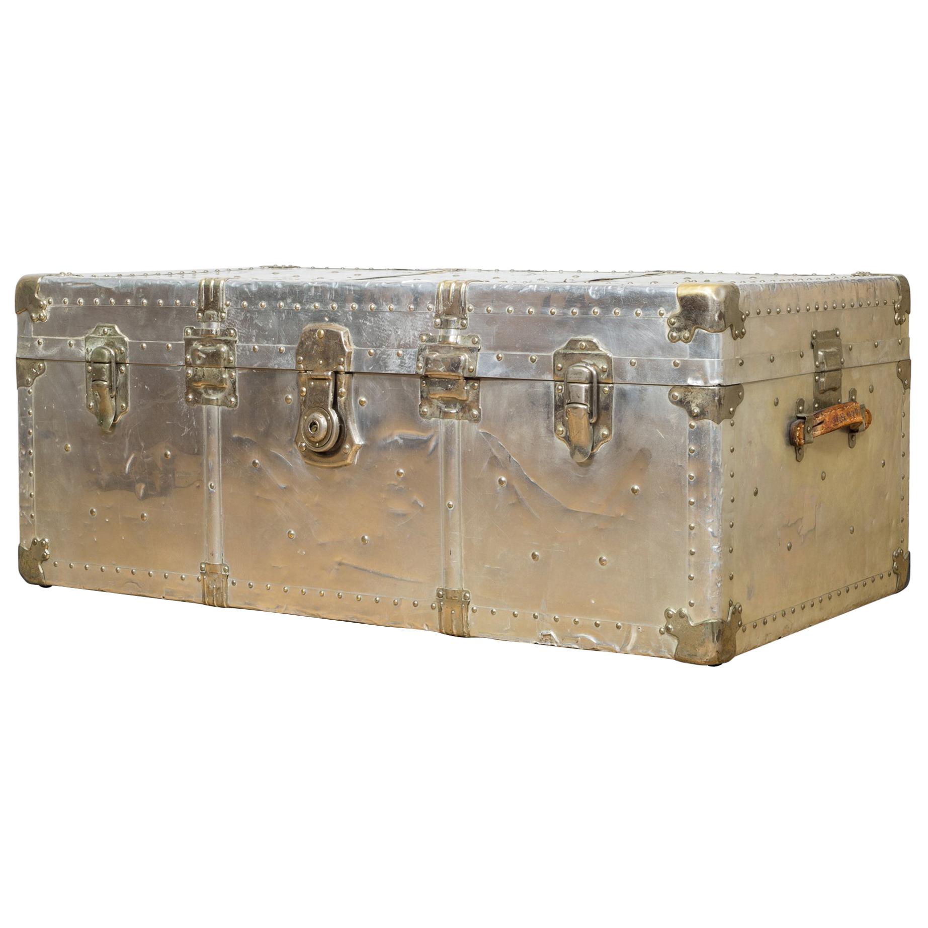 Early 20th Century Brass and Polished Aluminum Trunk with Leather Handles