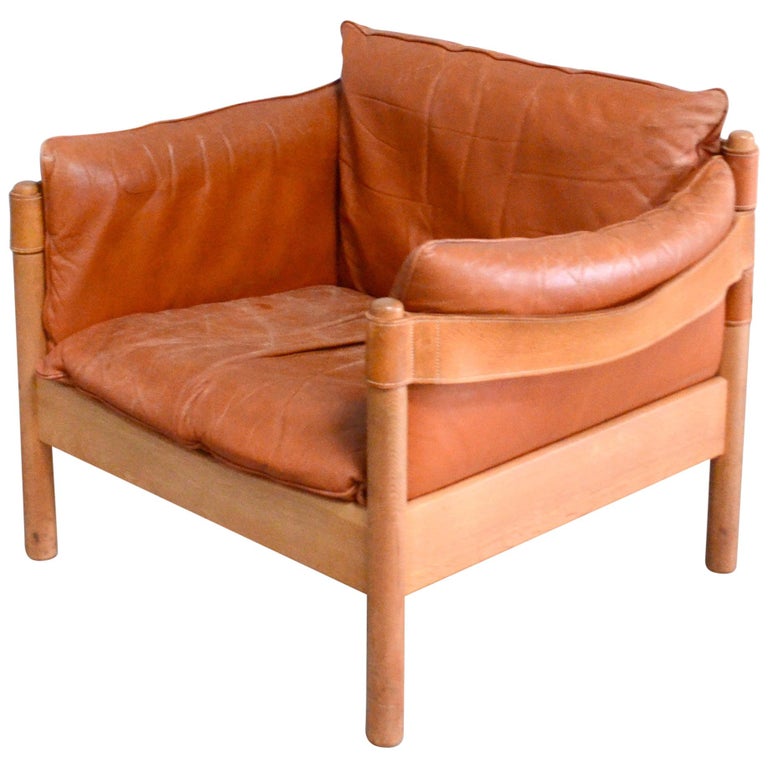 Danish Modern Cognac Saddle Leather, Leather Safari Chair