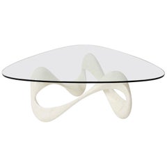 Freeform White Tessellated Stone "Cursive" Coffee Table with Glass Top, 1990s