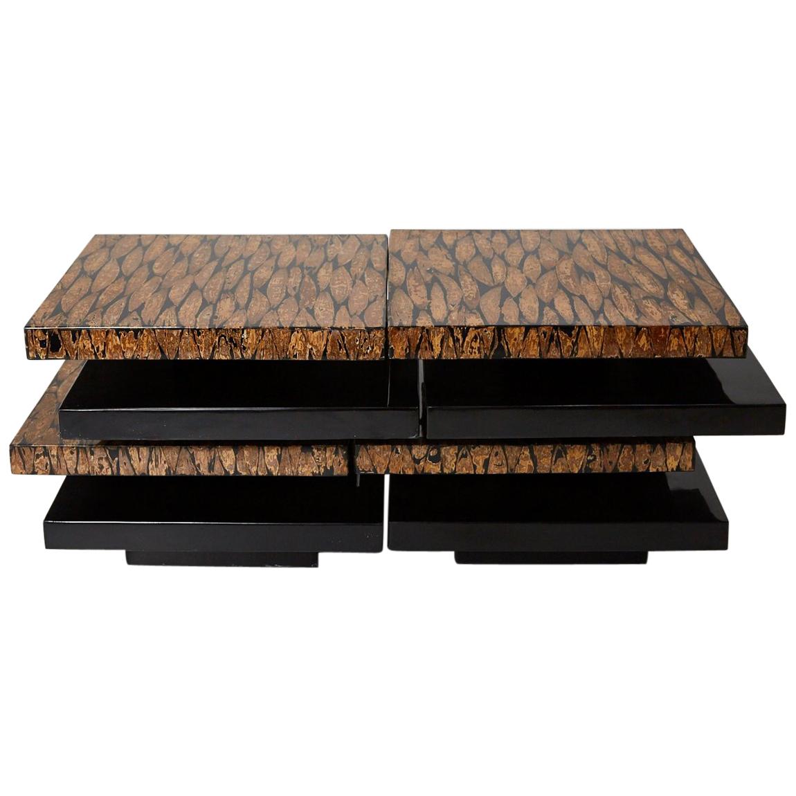 Contemporary Stacked 2-Part Coffee Table with Natural Fiber Inlay, 1990s For Sale