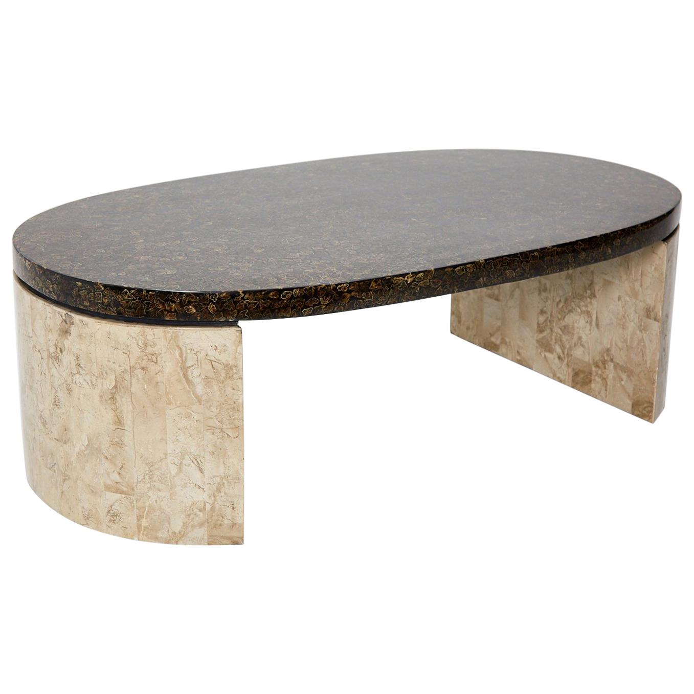 Oval Coffee Table with Natural Inlay Top and Tessellated Stone Base, 1990s