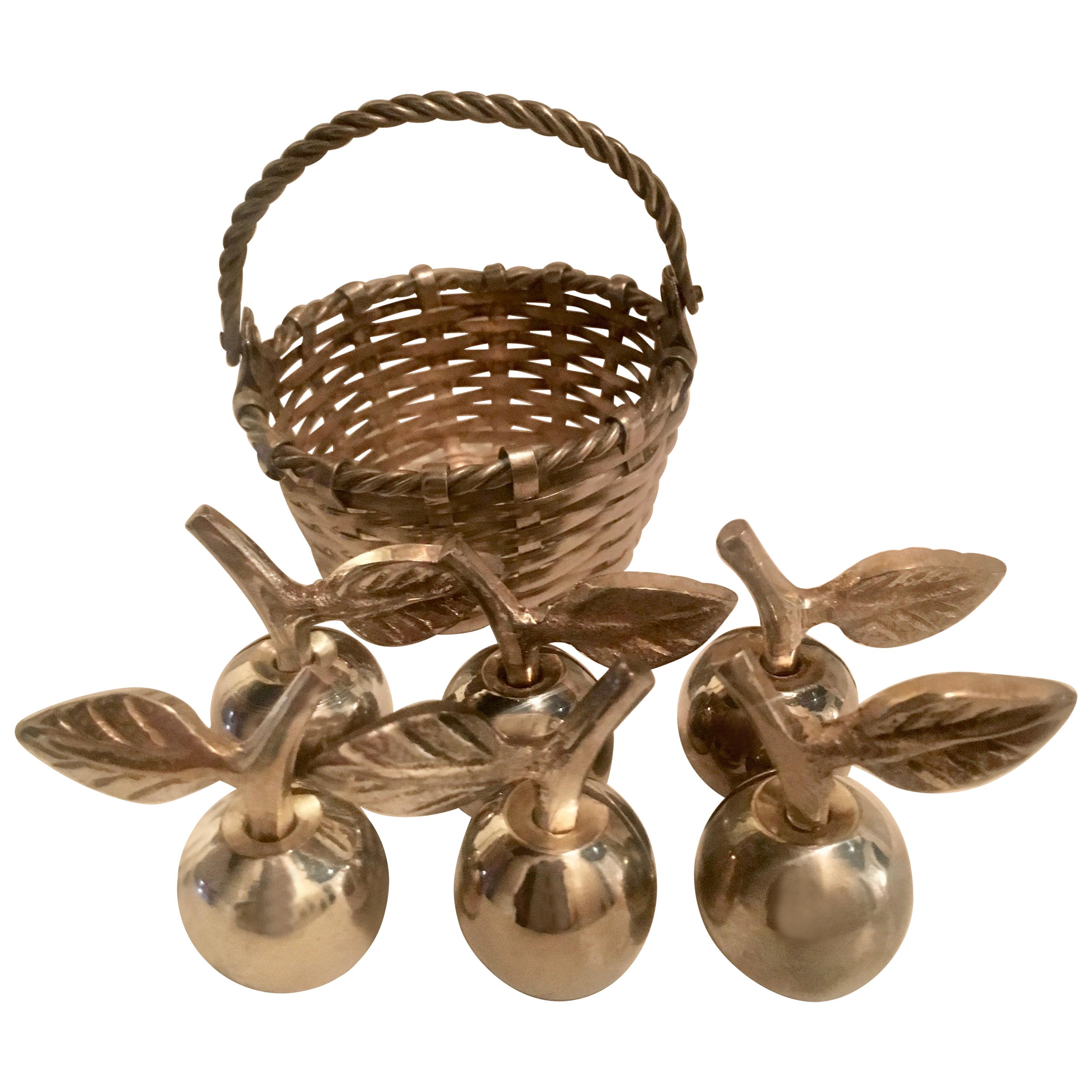 Six Silver Apple Place Card Menu Holders with Woven Basket